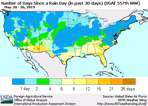 United States Number of Days Since a Rain Day in past 30 days (USAF 557th WW) Thematic Map For 5/20/2019 - 5/26/2019