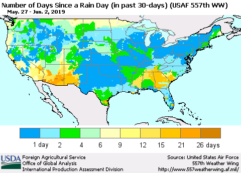 United States Number of Days Since a Rain Day in past 30 days (USAF 557th WW) Thematic Map For 5/27/2019 - 6/2/2019