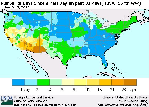 United States Number of Days Since a Rain Day in past 30 days (USAF 557th WW) Thematic Map For 6/3/2019 - 6/9/2019