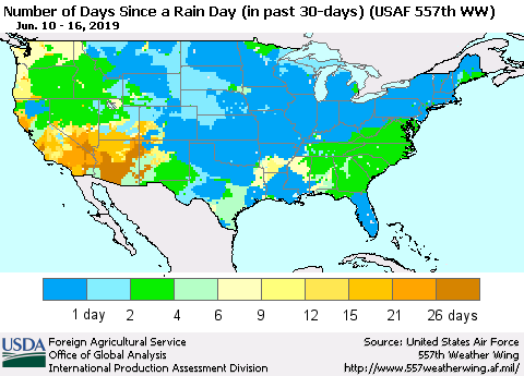United States Number of Days Since a Rain Day in past 30 days (USAF 557th WW) Thematic Map For 6/10/2019 - 6/16/2019