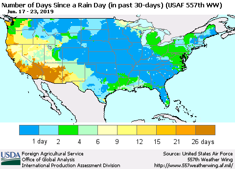 United States Number of Days Since a Rain Day in past 30 days (USAF 557th WW) Thematic Map For 6/17/2019 - 6/23/2019