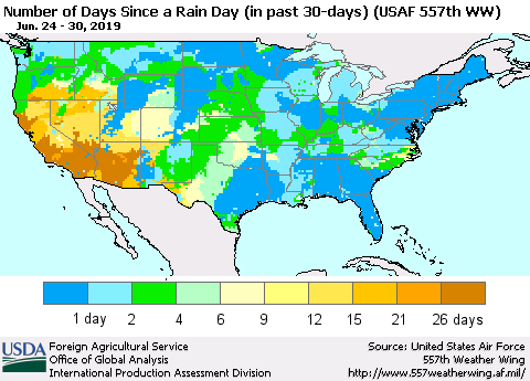 United States Number of Days Since a Rain Day in past 30 days (USAF 557th WW) Thematic Map For 6/24/2019 - 6/30/2019