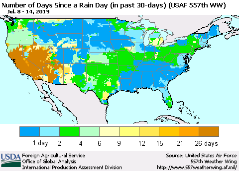 United States Number of Days Since a Rain Day in past 30 days (USAF 557th WW) Thematic Map For 7/8/2019 - 7/14/2019