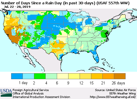 United States Number of Days Since a Rain Day in past 30 days (USAF 557th WW) Thematic Map For 7/22/2019 - 7/28/2019
