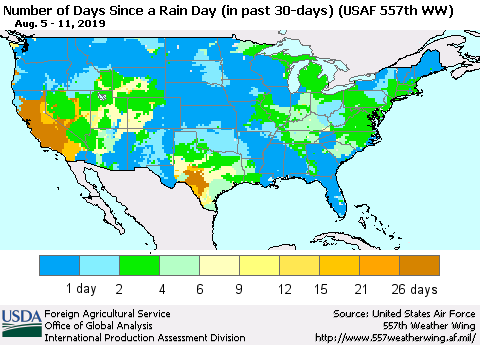 United States Number of Days Since a Rain Day in past 30 days (USAF 557th WW) Thematic Map For 8/5/2019 - 8/11/2019