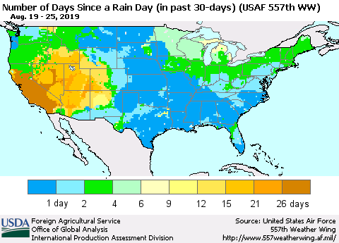United States Number of Days Since a Rain Day in past 30 days (USAF 557th WW) Thematic Map For 8/19/2019 - 8/25/2019