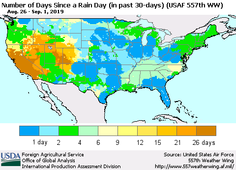 United States Number of Days Since a Rain Day in past 30 days (USAF 557th WW) Thematic Map For 8/26/2019 - 9/1/2019