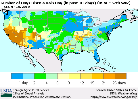 United States Number of Days Since a Rain Day in past 30 days (USAF 557th WW) Thematic Map For 9/9/2019 - 9/15/2019