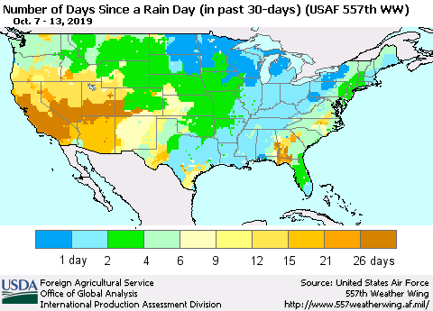 United States Number of Days Since a Rain Day in past 30 days (USAF 557th WW) Thematic Map For 10/7/2019 - 10/13/2019