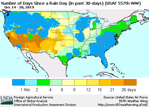 United States Number of Days Since a Rain Day in past 30 days (USAF 557th WW) Thematic Map For 10/14/2019 - 10/20/2019
