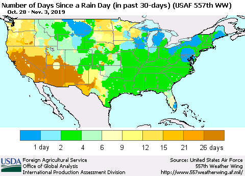 United States Number of Days Since a Rain Day in past 30 days (USAF 557th WW) Thematic Map For 10/28/2019 - 11/3/2019