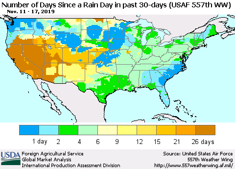 United States Number of Days Since a Rain Day in past 30 days (USAF 557th WW) Thematic Map For 11/11/2019 - 11/17/2019