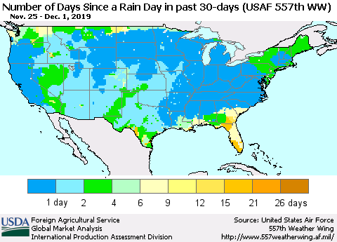 United States Number of Days Since a Rain Day in past 30 days (USAF 557th WW) Thematic Map For 11/25/2019 - 12/1/2019