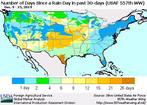 United States Number of Days Since a Rain Day in past 30 days (USAF 557th WW) Thematic Map For 12/9/2019 - 12/15/2019