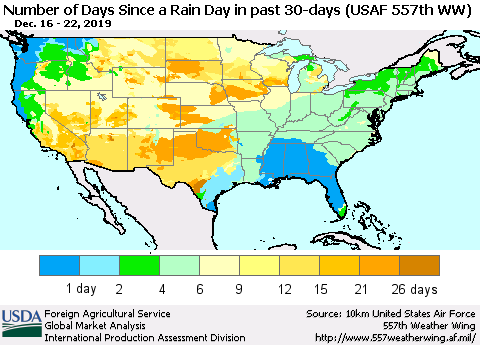 United States Number of Days Since a Rain Day in past 30 days (USAF 557th WW) Thematic Map For 12/16/2019 - 12/22/2019