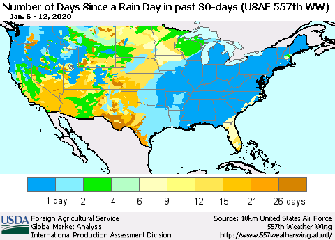 United States Number of Days Since a Rain Day in past 30 days (USAF 557th WW) Thematic Map For 1/6/2020 - 1/12/2020