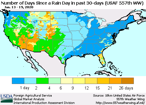 United States Number of Days Since a Rain Day in past 30 days (USAF 557th WW) Thematic Map For 1/13/2020 - 1/19/2020
