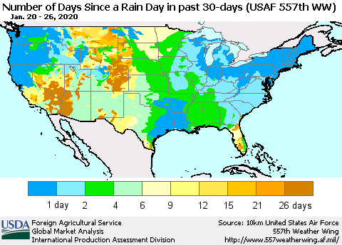 United States Number of Days Since a Rain Day in past 30 days (USAF 557th WW) Thematic Map For 1/20/2020 - 1/26/2020
