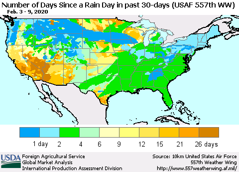 United States Number of Days Since a Rain Day in past 30 days (USAF 557th WW) Thematic Map For 2/3/2020 - 2/9/2020