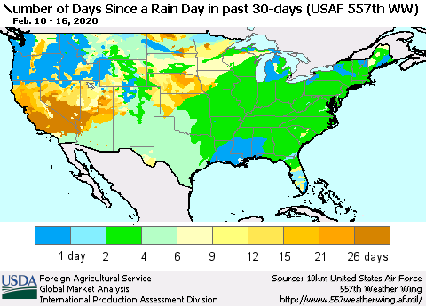 United States Number of Days Since a Rain Day in past 30 days (USAF 557th WW) Thematic Map For 2/10/2020 - 2/16/2020