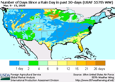 United States Number of Days Since a Rain Day in past 30 days (USAF 557th WW) Thematic Map For 3/9/2020 - 3/15/2020