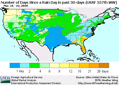 United States Number of Days Since a Rain Day in past 30 days (USAF 557th WW) Thematic Map For 3/16/2020 - 3/22/2020