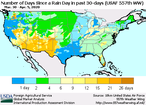 United States Number of Days Since a Rain Day in past 30 days (USAF 557th WW) Thematic Map For 3/30/2020 - 4/5/2020