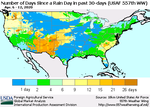 United States Number of Days Since a Rain Day in past 30 days (USAF 557th WW) Thematic Map For 4/6/2020 - 4/12/2020