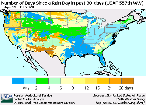 United States Number of Days Since a Rain Day in past 30 days (USAF 557th WW) Thematic Map For 4/13/2020 - 4/19/2020