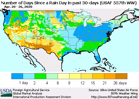 United States Number of Days Since a Rain Day in past 30 days (USAF 557th WW) Thematic Map For 4/20/2020 - 4/26/2020