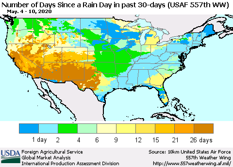 United States Number of Days Since a Rain Day in past 30 days (USAF 557th WW) Thematic Map For 5/4/2020 - 5/10/2020