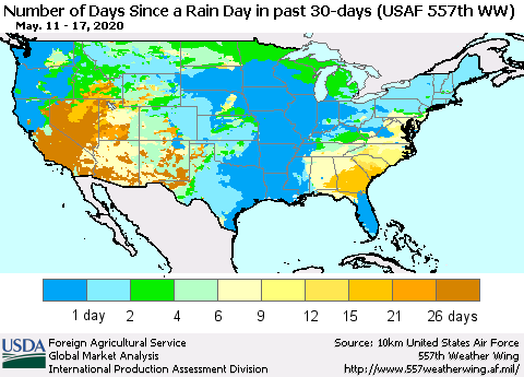 United States Number of Days Since a Rain Day in past 30 days (USAF 557th WW) Thematic Map For 5/11/2020 - 5/17/2020