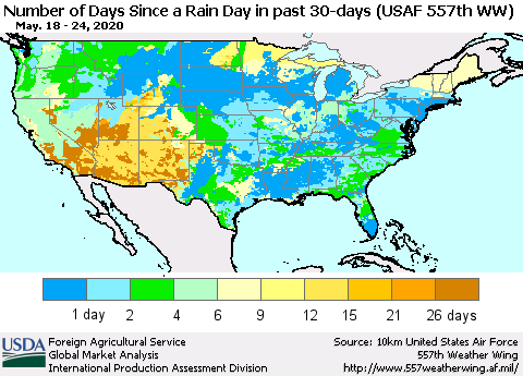 United States Number of Days Since a Rain Day in past 30 days (USAF 557th WW) Thematic Map For 5/18/2020 - 5/24/2020