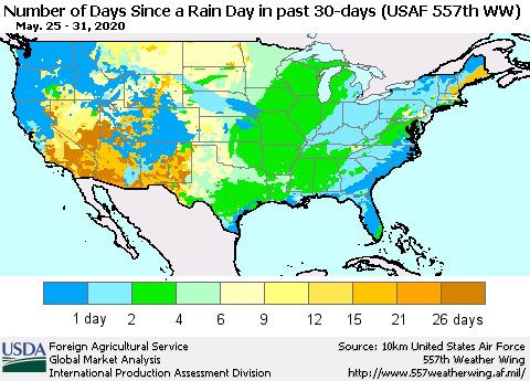 United States Number of Days Since a Rain Day in past 30 days (USAF 557th WW) Thematic Map For 5/25/2020 - 5/31/2020