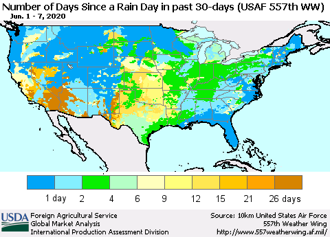 United States Number of Days Since a Rain Day in past 30 days (USAF 557th WW) Thematic Map For 6/1/2020 - 6/7/2020