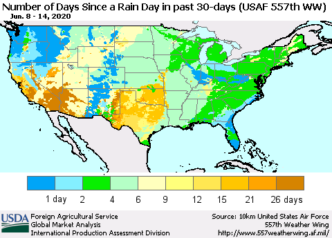 United States Number of Days Since a Rain Day in past 30 days (USAF 557th WW) Thematic Map For 6/8/2020 - 6/14/2020