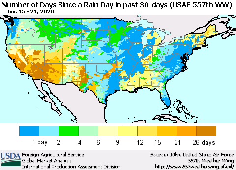 United States Number of Days Since a Rain Day in past 30 days (USAF 557th WW) Thematic Map For 6/15/2020 - 6/21/2020