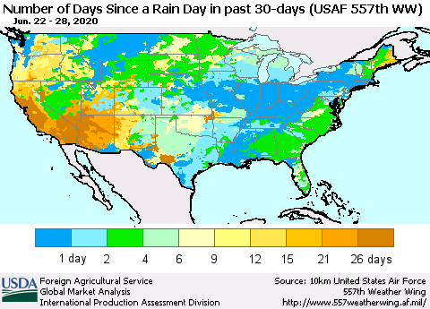 United States Number of Days Since a Rain Day in past 30 days (USAF 557th WW) Thematic Map For 6/22/2020 - 6/28/2020