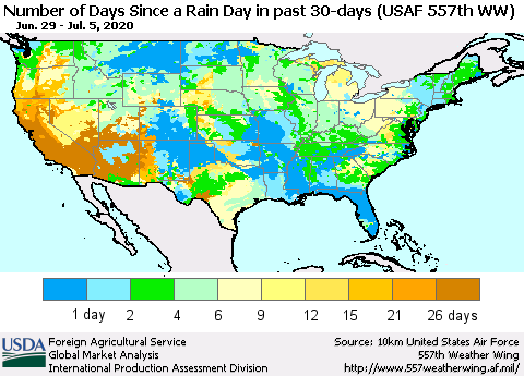 United States Number of Days Since a Rain Day in past 30 days (USAF 557th WW) Thematic Map For 6/29/2020 - 7/5/2020