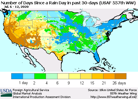 United States Number of Days Since a Rain Day in past 30 days (USAF 557th WW) Thematic Map For 7/6/2020 - 7/12/2020