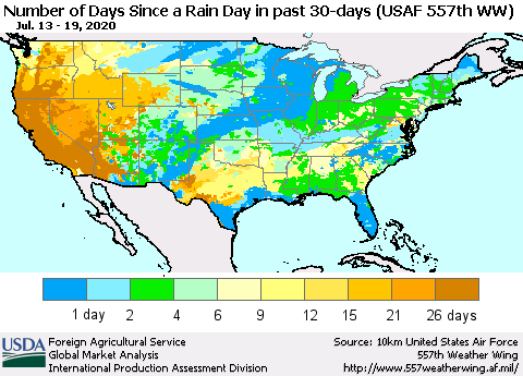 United States Number of Days Since a Rain Day in past 30 days (USAF 557th WW) Thematic Map For 7/13/2020 - 7/19/2020