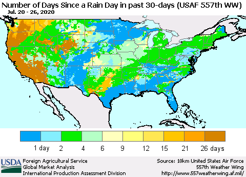 United States Number of Days Since a Rain Day in past 30 days (USAF 557th WW) Thematic Map For 7/20/2020 - 7/26/2020