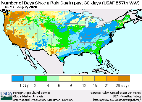 United States Number of Days Since a Rain Day in past 30 days (USAF 557th WW) Thematic Map For 7/27/2020 - 8/2/2020