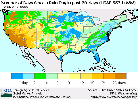 United States Number of Days Since a Rain Day in past 30 days (USAF 557th WW) Thematic Map For 8/3/2020 - 8/9/2020