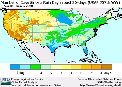 United States Number of Days Since a Rain Day in past 30 days (USAF 557th WW) Thematic Map For 8/31/2020 - 9/6/2020