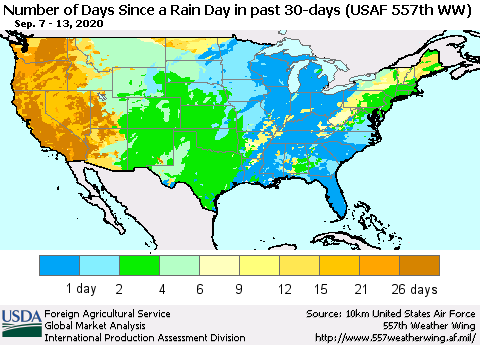 United States Number of Days Since a Rain Day in past 30 days (USAF 557th WW) Thematic Map For 9/7/2020 - 9/13/2020