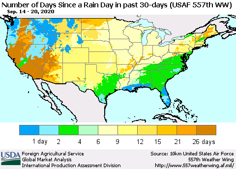 United States Number of Days Since a Rain Day in past 30 days (USAF 557th WW) Thematic Map For 9/14/2020 - 9/20/2020
