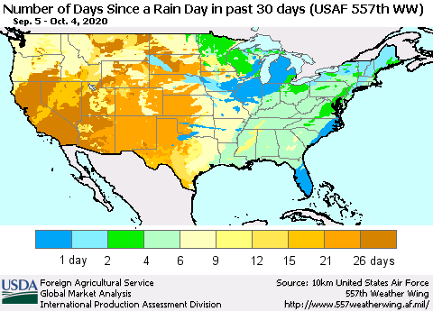 United States Number of Days Since a Rain Day in past 30 days (USAF 557th WW) Thematic Map For 9/28/2020 - 10/4/2020