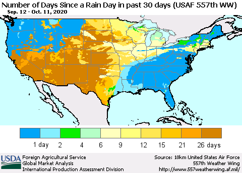 United States Number of Days Since a Rain Day in past 30 days (USAF 557th WW) Thematic Map For 10/5/2020 - 10/11/2020