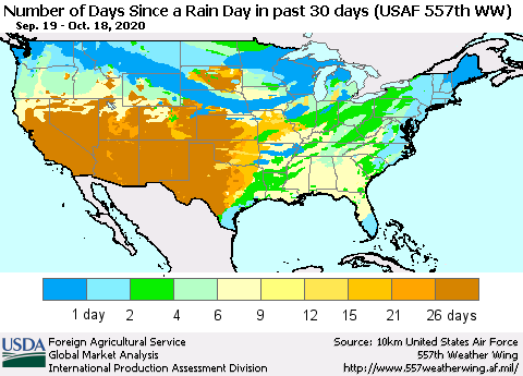 United States Number of Days Since a Rain Day in past 30 days (USAF 557th WW) Thematic Map For 10/12/2020 - 10/18/2020